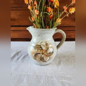 Small Speckled Gray Stoneware Pitcher Abstract Floral Studio Pottery Rustic